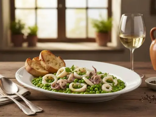Piatto di seppie con piselli, accompagnato da pane tostato e un bicchiere di vino bianco.