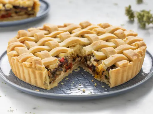 Una crostata morbida salata con verdure miste, peperoni e melanzane, ricoperta da una griglia di pasta dorata.