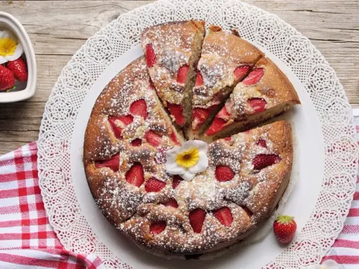 Torta di fragole e yogurt, soffice e profumata, cosparsa di zucchero a velo e decorata con un fiore. Perfetta per una colazione o merenda.
