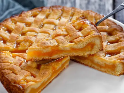 Deliziosa crostata senza glutine con ripieno di albicocche, una fetta sollevata da una paletta mostra la morbidezza.