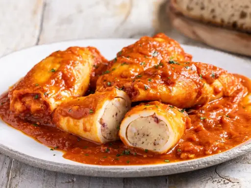 Totani al forno ripieni, un piatto succulento con un ripieno saporito, immersi in una ricca salsa rossa.