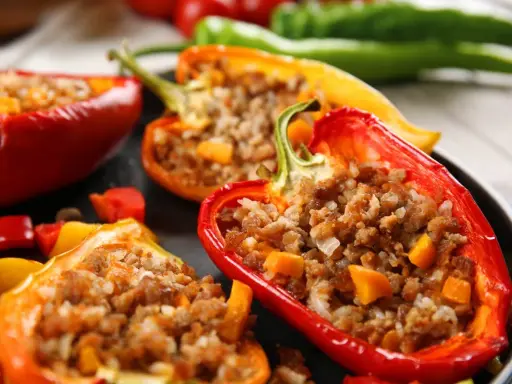 Peperoni ripieni senza carne, un piatto colorato e saporito. Peperoni rossi, gialli e arancioni farciti con un gustoso ripieno.