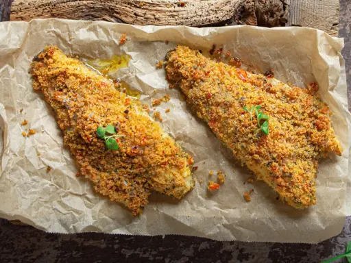 Filetti di orata al forno con crosta croccante, serviti su carta da forno.