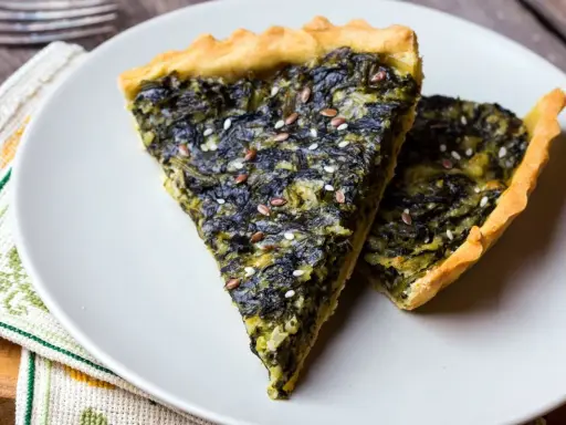 Fette di torta salata vegana con spinaci e semi di lino, su un piatto bianco.