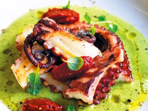 Delizioso polpo alla griglia servito su una crema verde brillante, guarnito con pomodori secchi e erbe fresche.