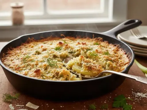 Finoçchi gratinati al forno fumanti in padella, con crosticina dorata e erbe fresche. Un piatto invitante e saporito.