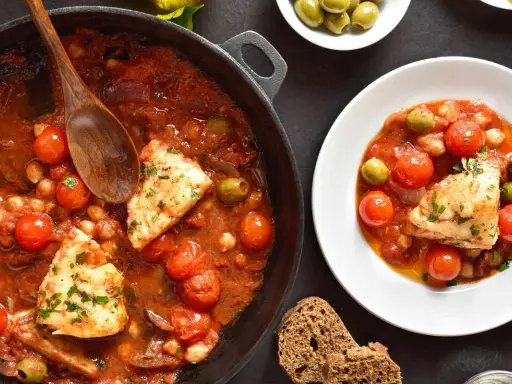 Merluzzo in umido con pomodorini, olive e ceci, servito in una padella e in un piatto, con pane scuro.