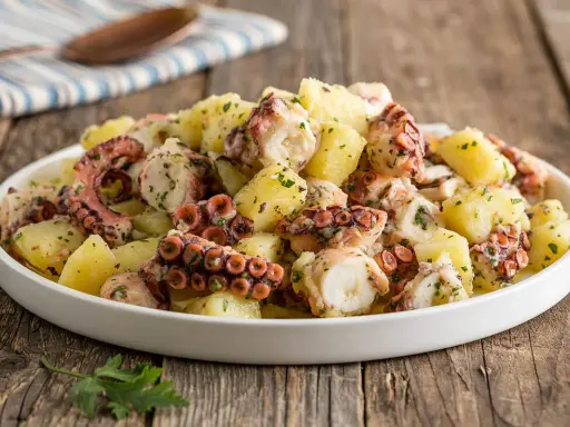 Delizioso polpo con patate, condito con prezzemolo fresco, servito in un piatto bianco su un tavolo di legno rustico.