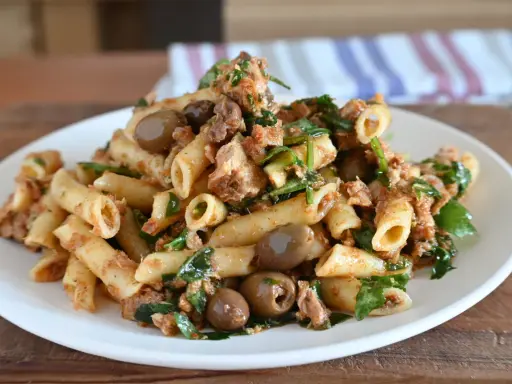 Piatto di pasta al tonno con olive verdi e prezzemolo fresco, servita su un piatto bianco.