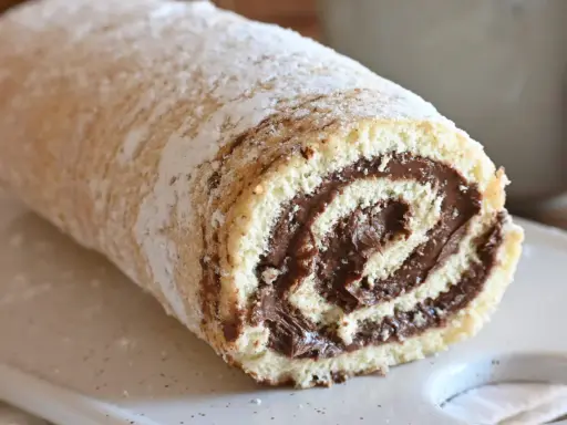 Un soffice rotolo alla Nutella, cosparso di zucchero a velo, pronto per essere gustato.