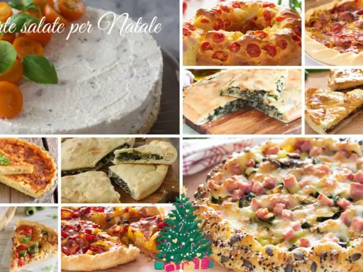 Collage di torte salate e pizze, perfetti antipasti di Natale. Diverse varietà, alcune con pomodorini, spinaci, formaggio e salumi.
