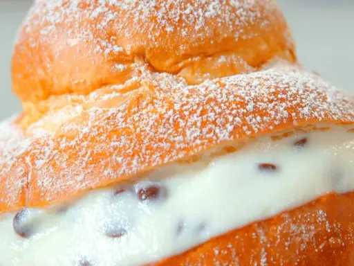 Brioche col tuppo soffice e dorata, ripiena di crema vellutata con gocce di cioccolato, spolverata di zucchero a velo.