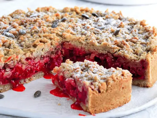 Sbriciolata con ripieno succoso di frutti rossi, cosparsa di zucchero a velo e semi. Perfetta per celebrare la Pasqua con un tocco goloso.