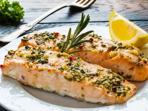 Delizioso salmone al forno con erbe aromatiche, aglio e peperoncino, guarnito con rosmarino e una fetta di limone.