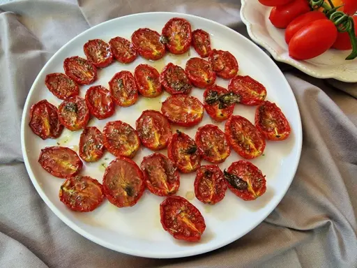 Pomodorini al forno, dorati e succosi, conditi con erbe aromatiche, pronti per insaporire ogni piatto.