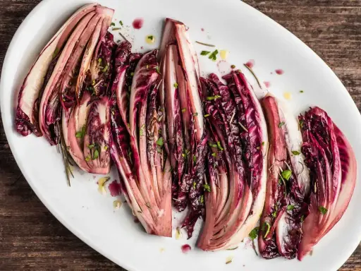 Radicchio al forno, tagliato a spicchi e condito con erbe aromatiche, servito su un piatto bianco.