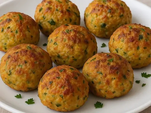 Polpette dorate di zucchine e tonno, guarnite con prezzemolo fresco, pronte per essere gustate.