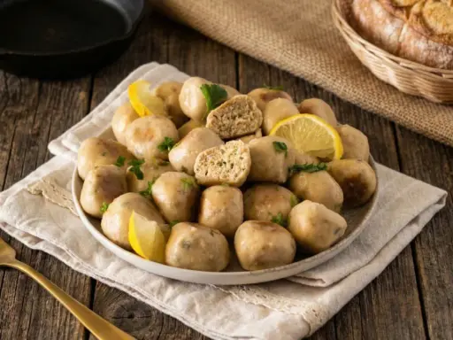 Piatto di polpette tonno e ricotta, guarnite con limone e prezzemolo, su un tavolo di legno rustico.