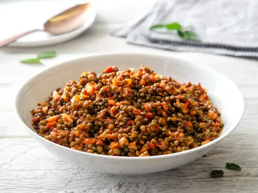 Un piatto invitante di lenticchie in umido, condite con pomodoro e cipolla, servite in una ciotola bianca su un tavolo di legno.