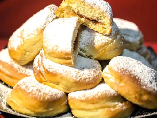 Pile di bomboloni ricetta originale, soffici e cosparsi di zucchero a velo. Uno è tagliato a metà, rivelando un ripieno goloso.