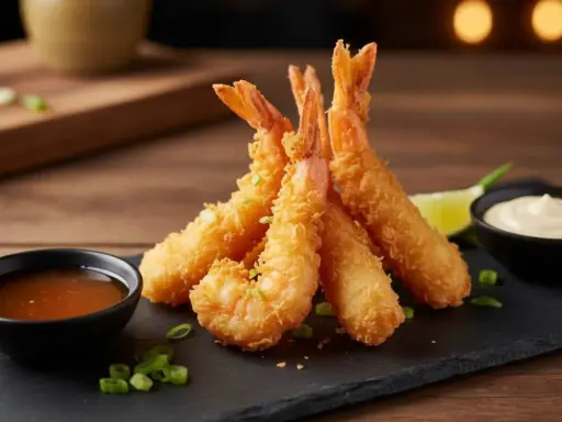 Gamberi in tempura dorati e croccanti, serviti con salse e lime. Un piacere per il palato.