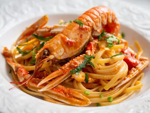 Un piatto invitante di linguine agli scampi, con pasta fresca e scampi succulenti conditi con un sugo saporito e prezzemolo tritato.