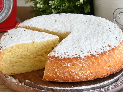 Una fetta di torta allo yogurt soffice, cosparsa di zucchero a velo, pronta per essere gustata.