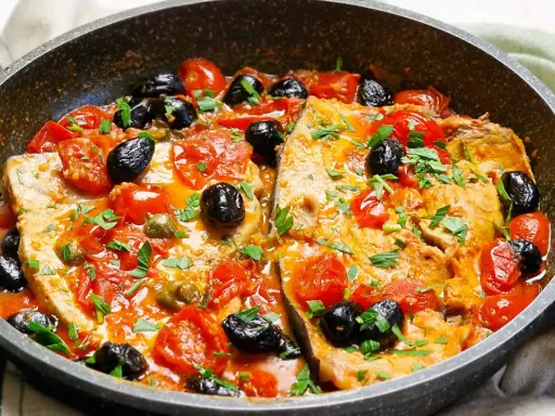 Pesce spada alla siciliana in padella con pomodorini, olive nere e capperi, guarnito con prezzemolo fresco.