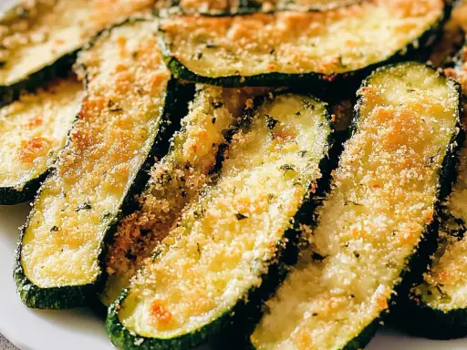 Fette di zucchine gratinate in padella, dorate e croccanti, con pangrattato e erbe aromatiche.