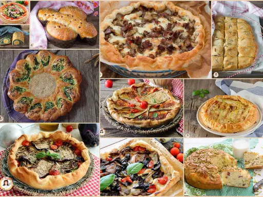 Collage di torte salate velocissime: rustiche, con verdure, carne e formaggio, perfette per ogni occasione.