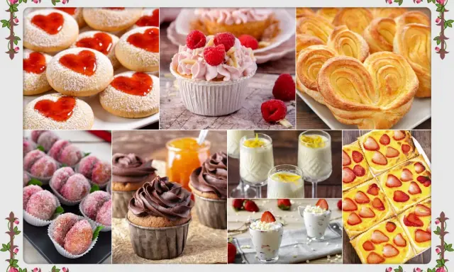 Dolci per la festa della mamma: biscotti a cuore, cupcake, pasticcini sfogliati, dolcetti alla pesca, mousse e crostata di fragole.
