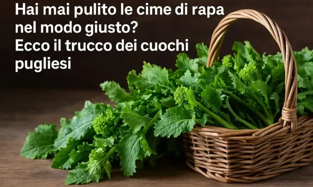 Un cesto di vimini trabocca di fresche cime di rapa, pronte per essere pulite secondo il trucco dei cuochi pugliesi.