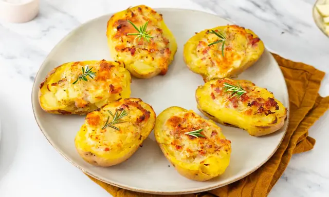 Patate ripiene al forno, dorate e gratinate, guarnite con rosmarino fresco. Un piatto invitante e saporito.