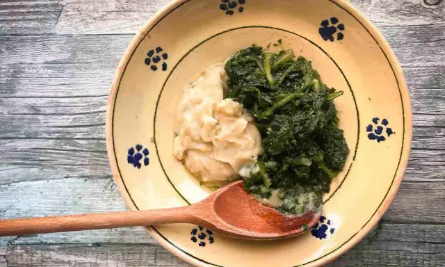 Piatto rustico con fave e cicoria, un classico della cucina italiana, servito su un piatto decorato con fiori blu.