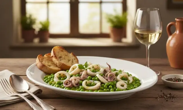 Piatto di seppie con piselli, accompagnato da pane tostato e un bicchiere di vino bianco.