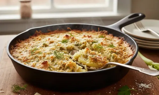 Finoçchi gratinati al forno fumanti in padella, con crosticina dorata e erbe fresche. Un piatto invitante e saporito.