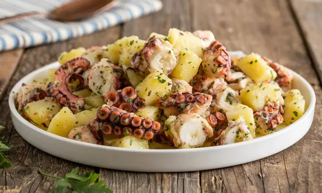 Delizioso polpo con patate, condito con prezzemolo fresco, servito in un piatto bianco su un tavolo di legno rustico.