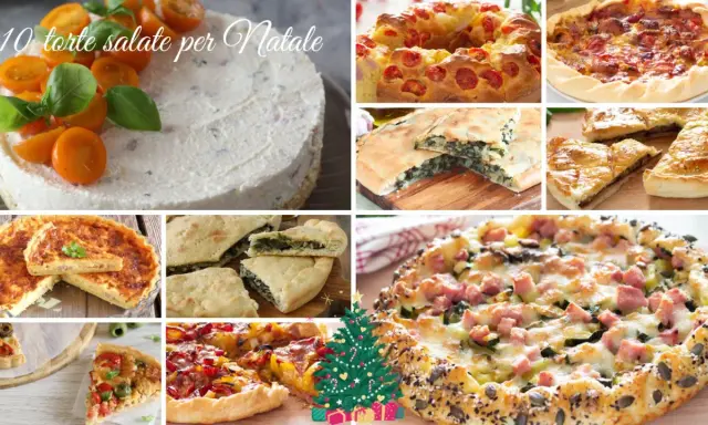 Collage di torte salate e pizze, perfetti antipasti di Natale. Diverse varietà, alcune con pomodorini, spinaci, formaggio e salumi.