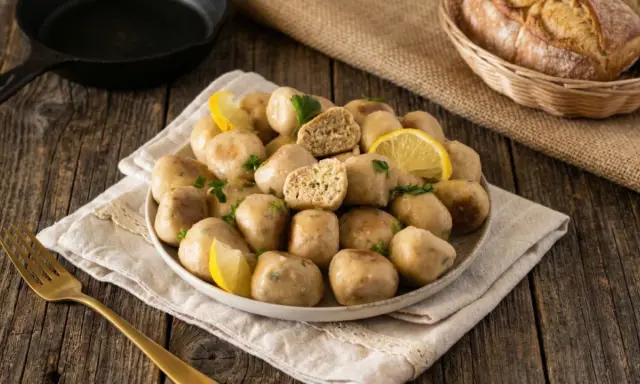 Piatto di polpette tonno e ricotta, guarnite con limone e prezzemolo, su un tavolo di legno rustico.