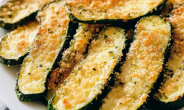 Fette di zucchine gratinate in padella, dorate e croccanti, con pangrattato e erbe aromatiche.