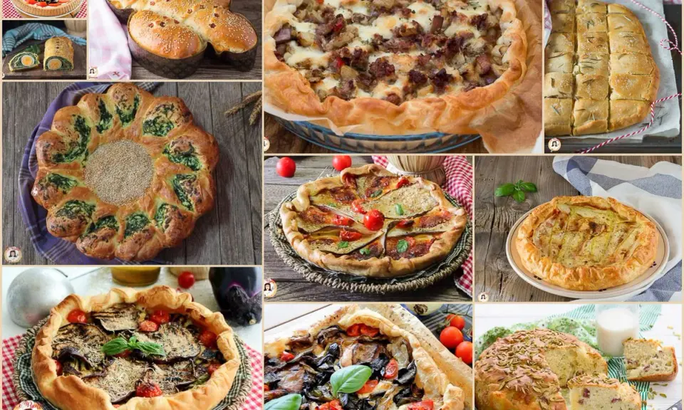Collage di torte salate velocissime: rustiche, con verdure, carne e formaggio, perfette per ogni occasione.