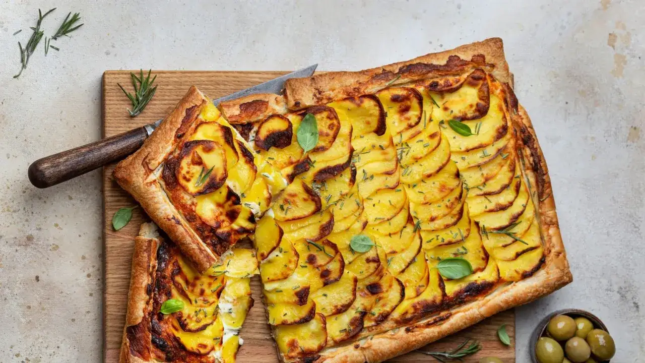 Torta salata con patate dorate e rosmarino su tagliere di legno, con un coltello e olive verdi in ciotola.