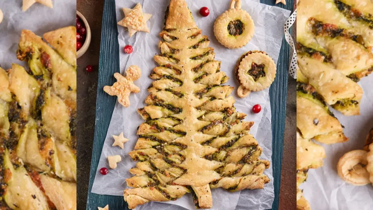 Albero di pasta sfoglia ripieno, decorato con biscotti a forma di stella e omino. Perfetto per i tuoi antipasti di Natale.