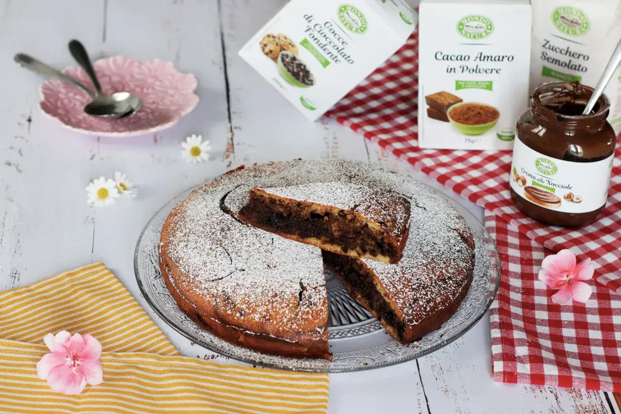 Torta alla Nutella soffice e golosa, cosparsa di zucchero a velo, con una fetta tagliata. Accanto, ingredienti per prepararla.