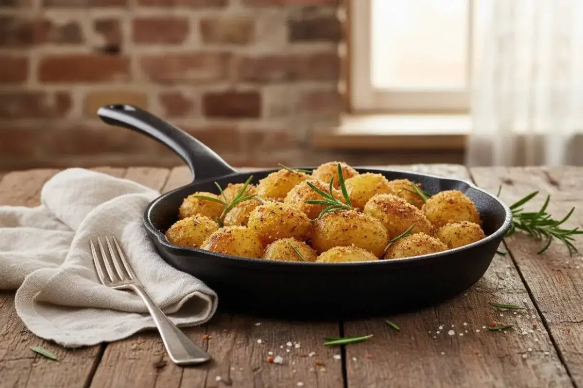 Patate sabbiose in padella, dorate e profumate al rosmarino, pronte per essere gustate.