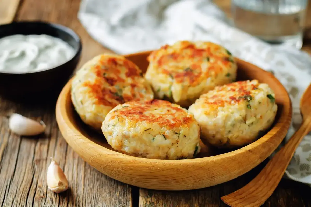 Polpette di riso avanzato dorate e saporite, servite in una ciotola di legno con aglio e salsa.