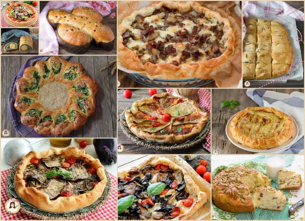 Collage di torte salate velocissime: rustiche, con verdure, carne e formaggio, perfette per ogni occasione.