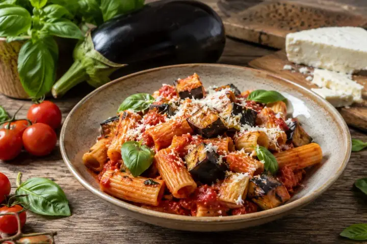 Piatto di pasta alla norma con melanzane fritte, pomodoro e basilico fresco, spolverato di ricotta salata.